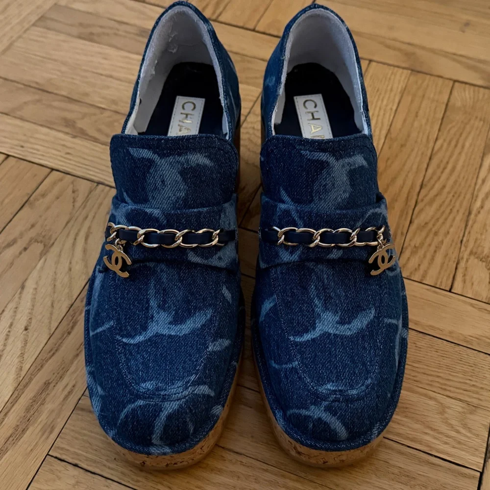 Chanel Denim Platform Loafers/clogs with Chain Accent - Blue